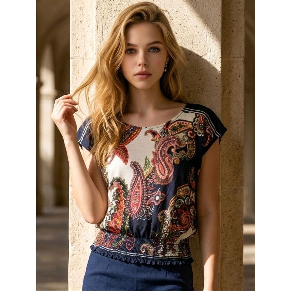 Ultra Flirt Scarf Print Paisley Smocked Blouse Navy Dolman Boat Neck Top Small